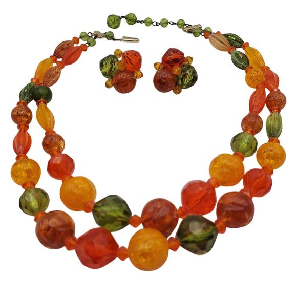 Vintage West Germany Acrylic Bead Necklace Earrings Set Orange Green Retro 1960s - Picture 2 of 10